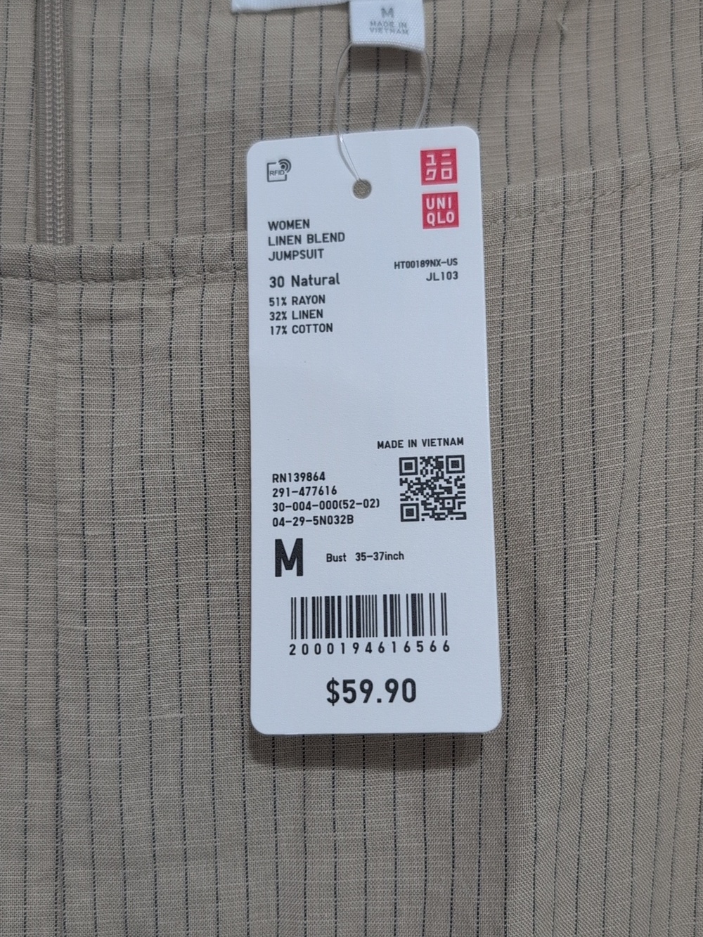 Uniqlo Linen Blend Jumpsuit Striped Color: 30 NATURAL Size Medium - Picture 3 of 8